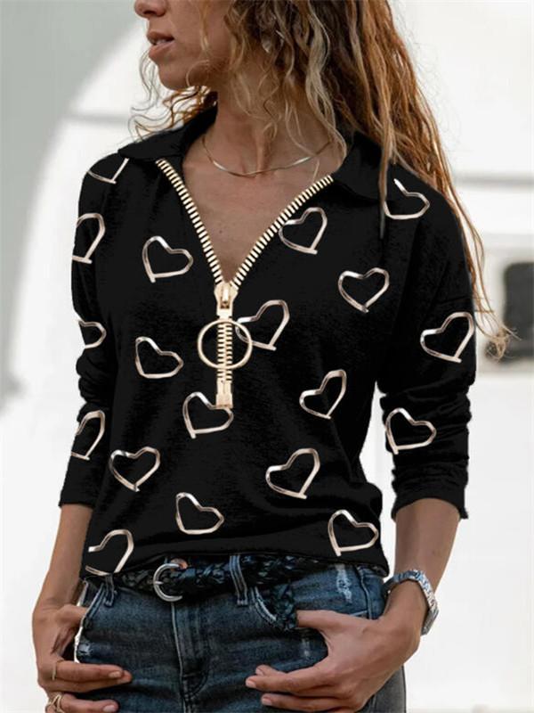 V-neck long-sleeved loose casual printed top with zipper lapel T-shirt