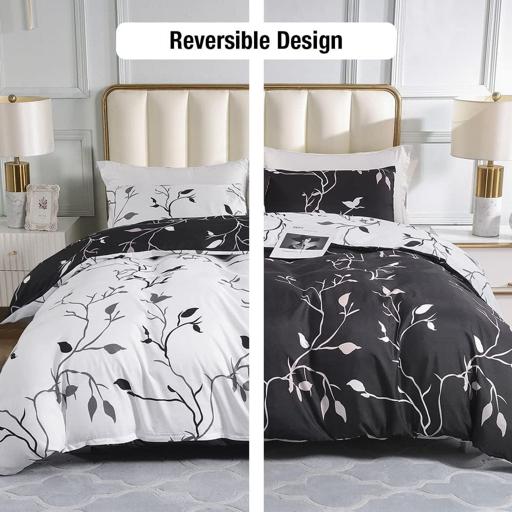 Lekesky Reversible Duvet Cover King Size, White Black Tree Branch Pattern Comforter Cover King 3pc Super Soft Microfiber Breathable Botanical Bedding Sets with Zipper Ties