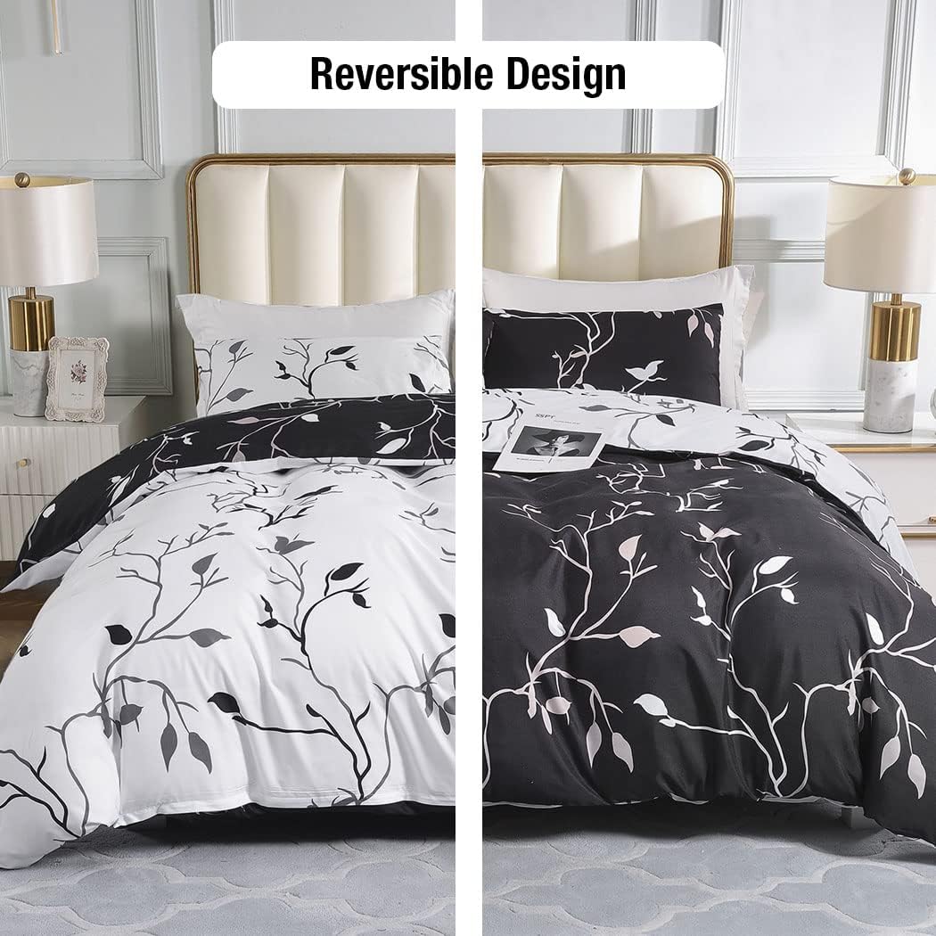 Lekesky Reversible Duvet Cover King Size, White Black Tree Branch Pattern Comforter Cover King 3pc Super Soft Microfiber Breathable Botanical Bedding Sets with Zipper Ties