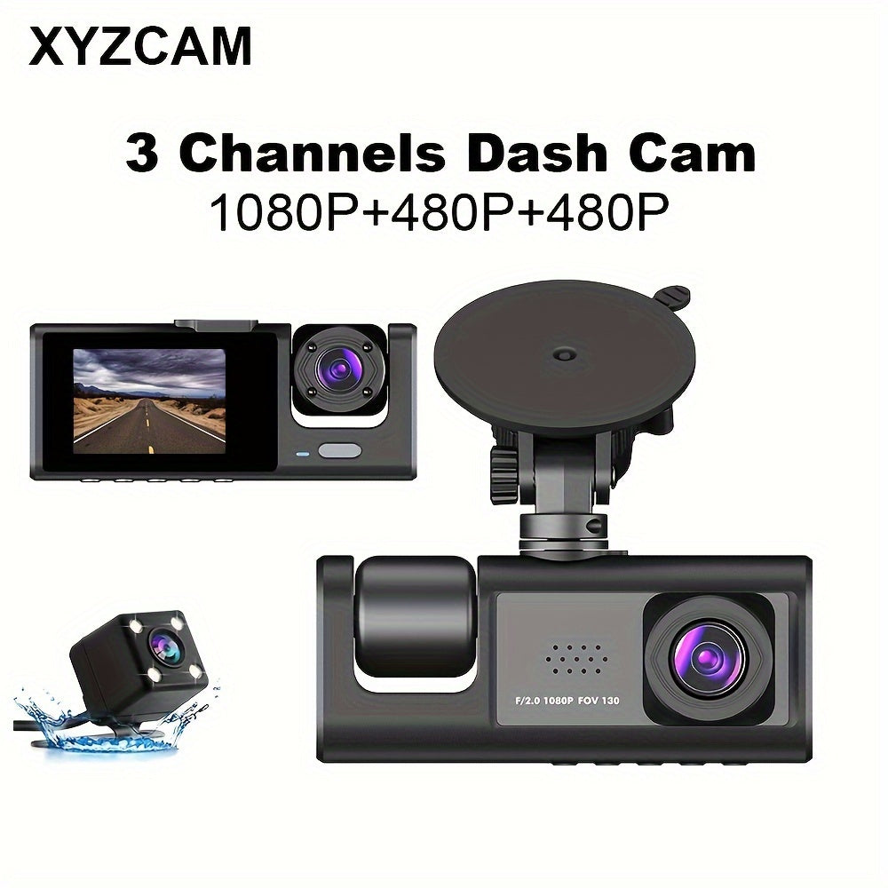 Camera FHD 1080P 3-Channel Dash Camera Front And Rear Inside Dash IR Night Vision Loop Recording G-Sensor Car DVR Camera With 2-Inch IPS Screen 3 Cameras