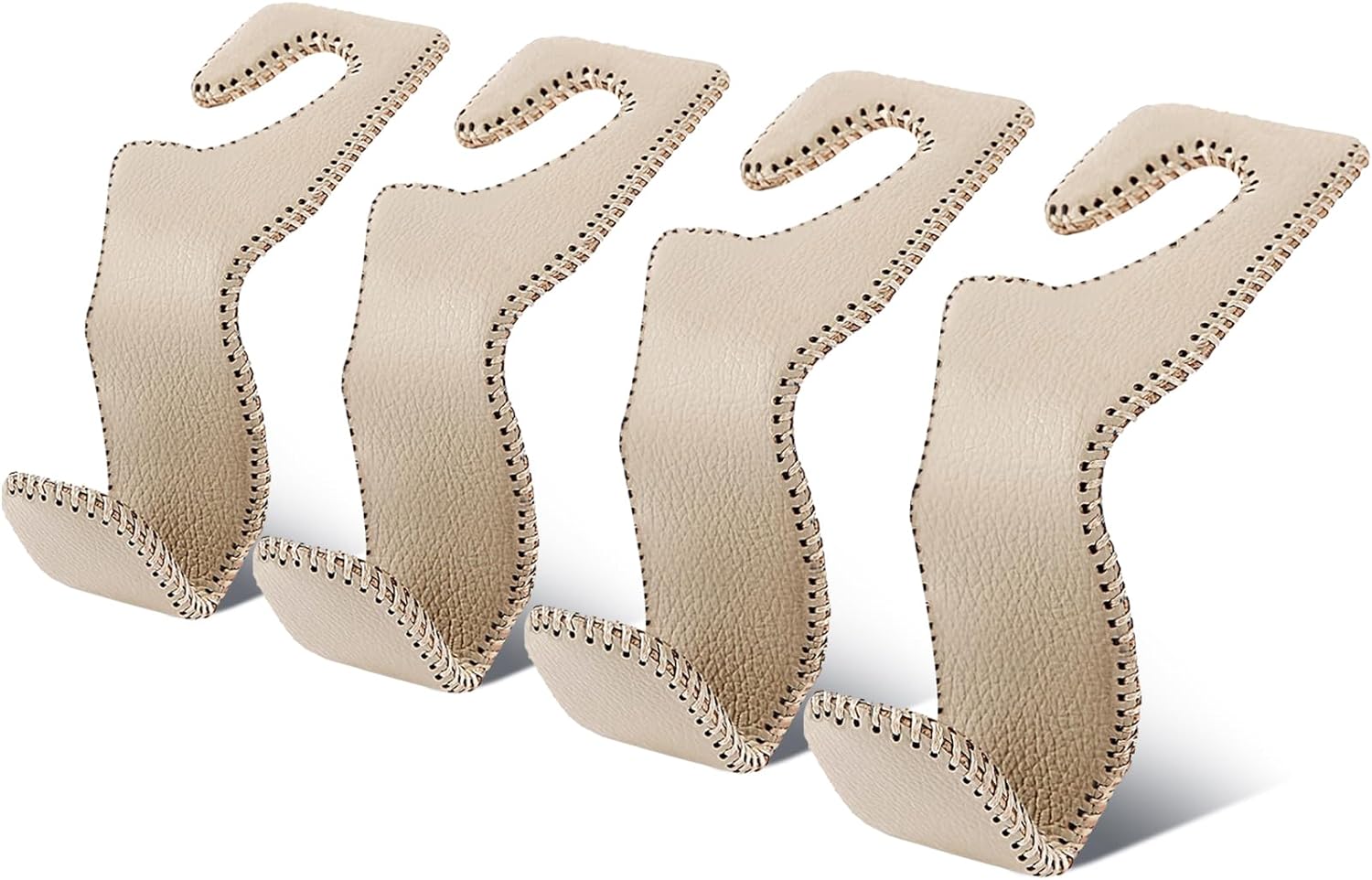 EldHus Seat Hooks for Purses and Bags, 4 Pack Car Purse Holder for Grocery Bag Handbag Clothes, Metal Headrest Hooks Covered by Leather, Beige