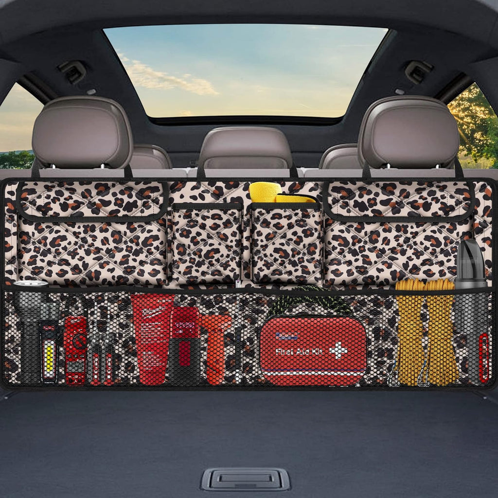 Car Trunk Organizer,Large Capacity Backseat Trunk Organizer(42"*18"),Collapsible Car Storage Bag with 8 Pocekt,Car Organizer for SUV/MPV/Truck - Leopard print