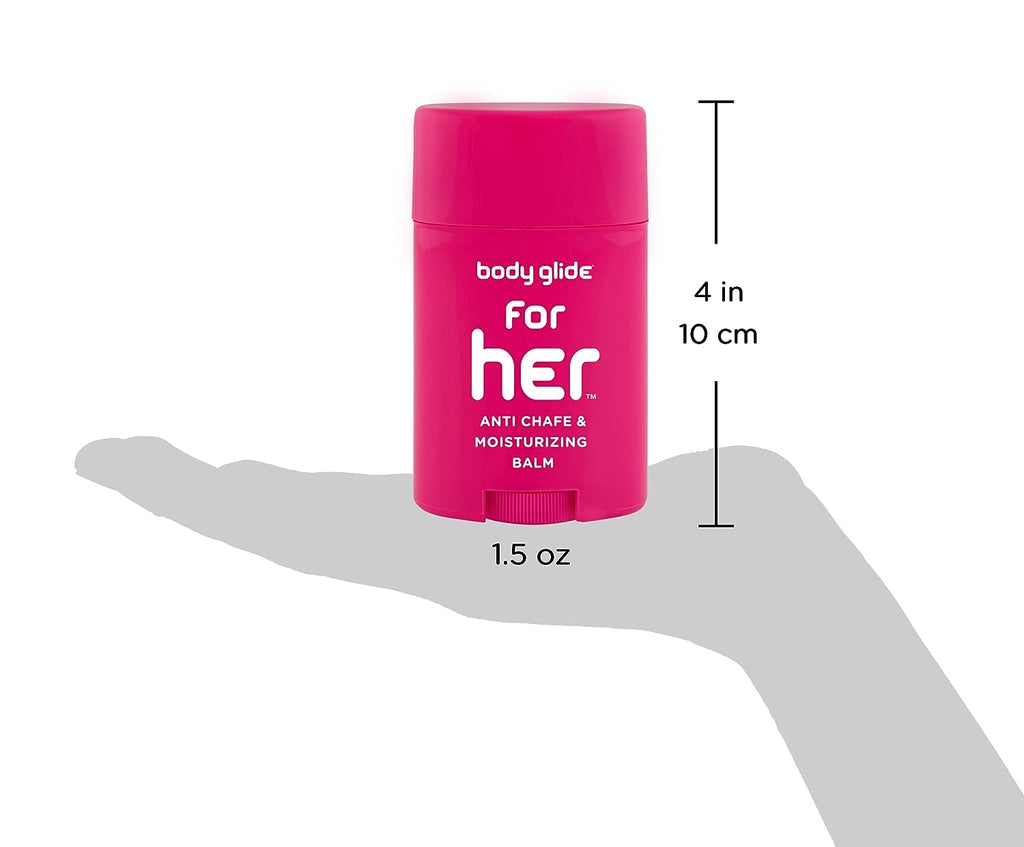 Body Glide For Her Anti Chafe Balm1.5oz: anti chafing stick with added emollients. Prevent rubbing leading to chafing, raw skin, and irritation. Use for arm, chest, bra, butt, groin, and thigh chafing