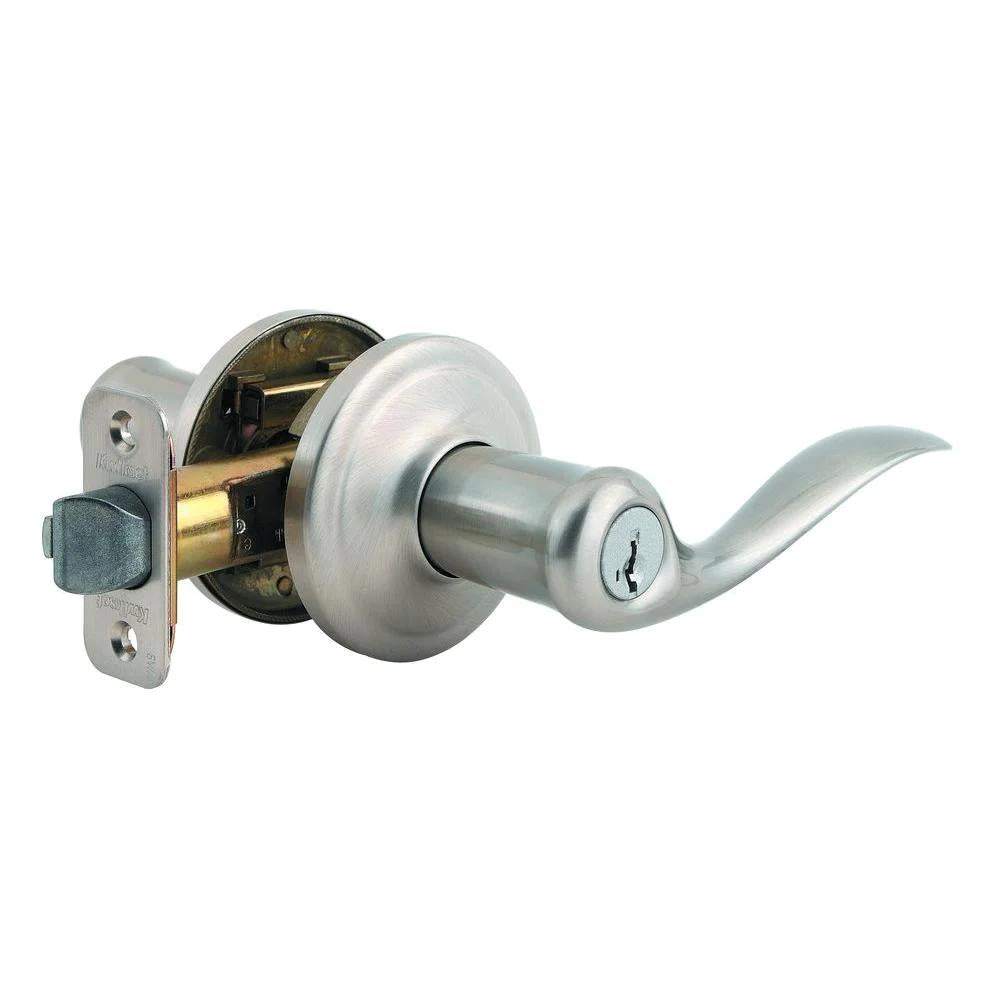 Tustin Satin Nickel Exterior Entry Door Lever featuring SmartKey Security