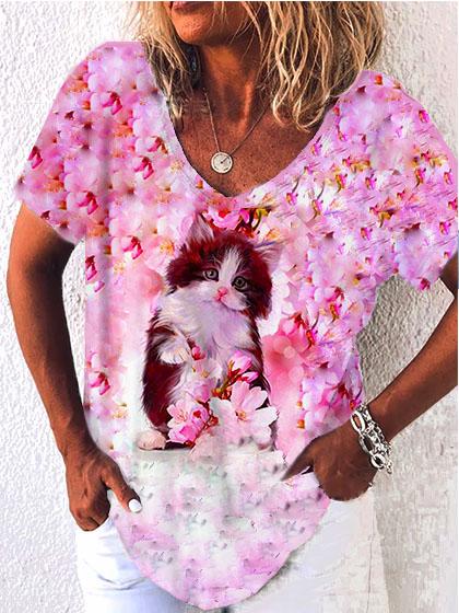 Cat Print V-neck Short-sleeved T-shirt