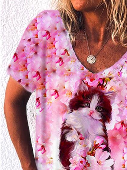 Cat Print V-neck Short-sleeved T-shirt