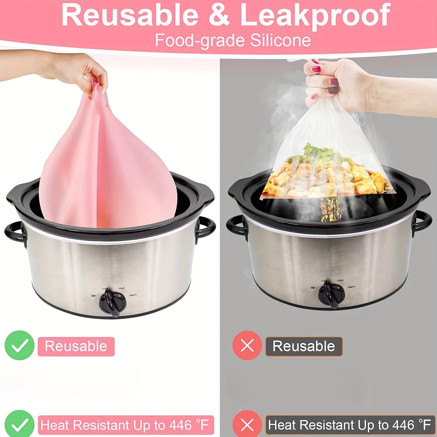Silicone Slow Cooker Liners, Reusable CooLiner For 6-8 Quarts Slow Cooker, Leakproof Dishwasher Safe Cooker Bags Liners For Oval Or Round 7 8QT Slow Cooker.