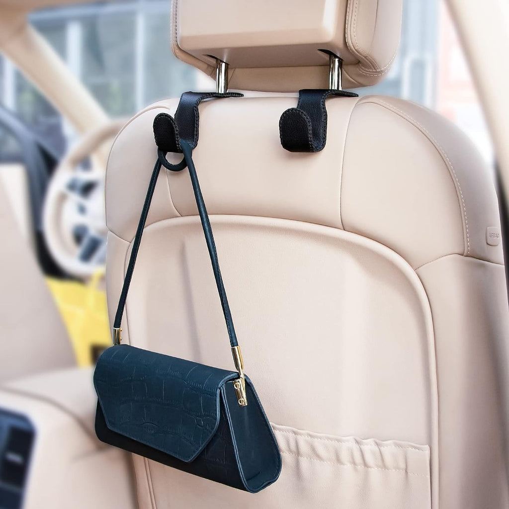 EldHus Headrest Hooks for Purses and Bags, 2 Pack Seat Hooks for Grocery Bag Handbag, Metal Car Purse Holder Covered by Leather