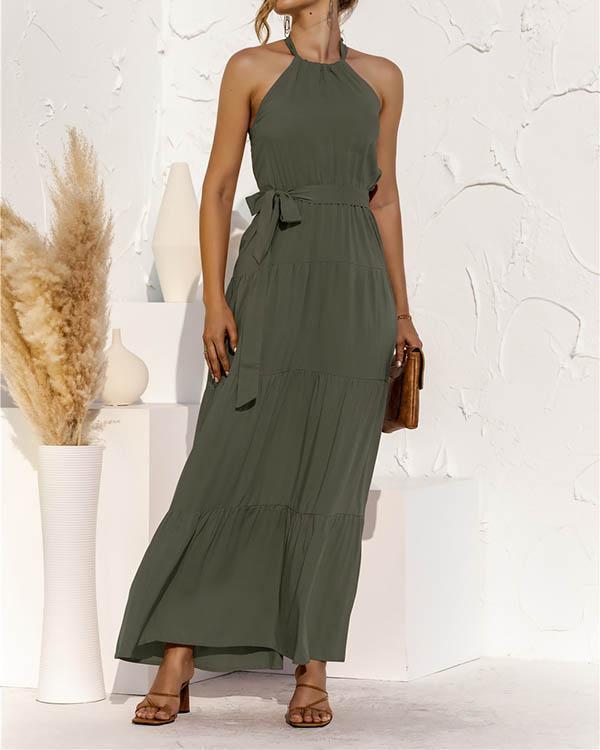lace-up halter stitching maxi dress