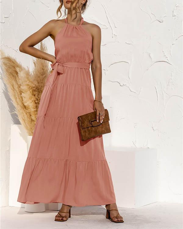 lace-up halter stitching maxi dress
