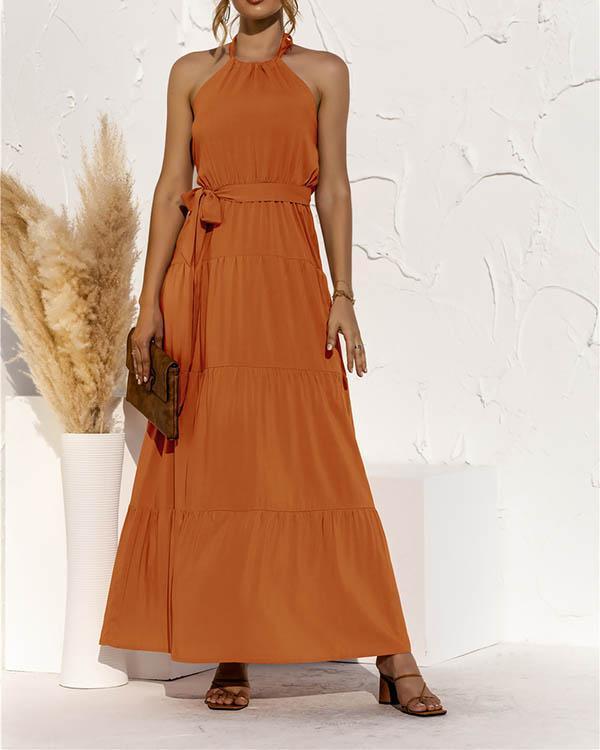 lace-up halter stitching maxi dress