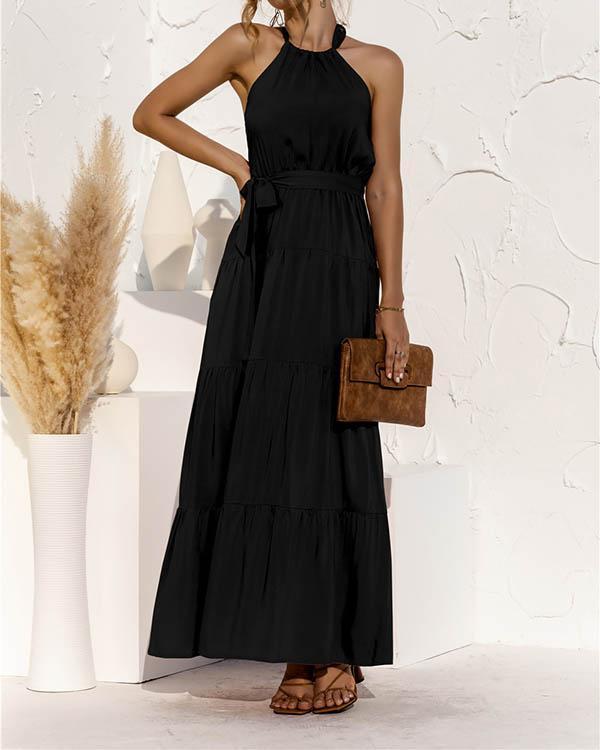 lace-up halter stitching maxi dress