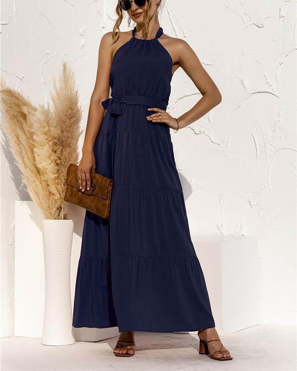 lace-up halter stitching maxi dress