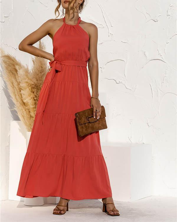 lace-up halter stitching maxi dress