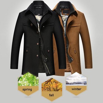 dual collar winter spring business casual pockets wool coat for men