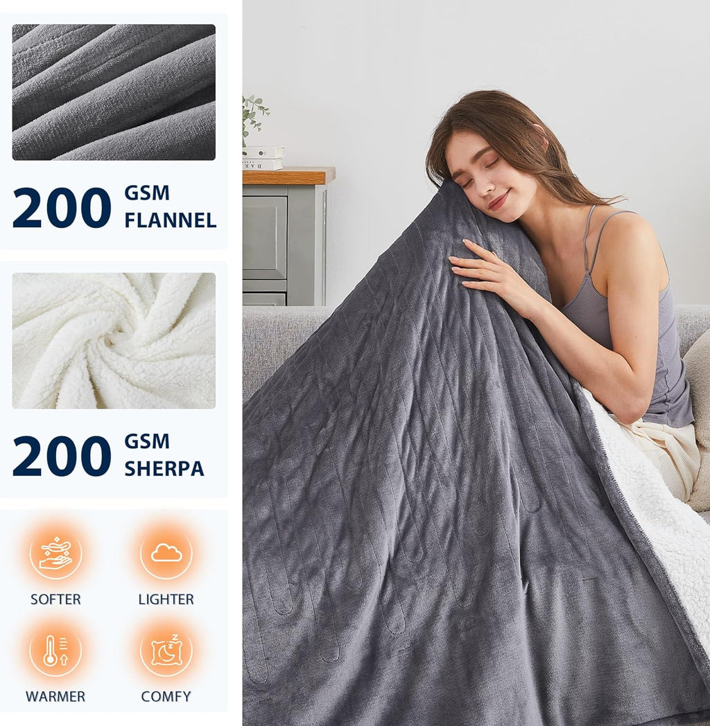 Homemate Heated Blanket Electric Throw - 50"x60" Heating Blanket Throw 1/2/4/6/8 Hours Auto-off 10 Heat Level Heat Blanket Over-heat Protection Flannel Sherpa Heater Blanket Electric ETL Certification