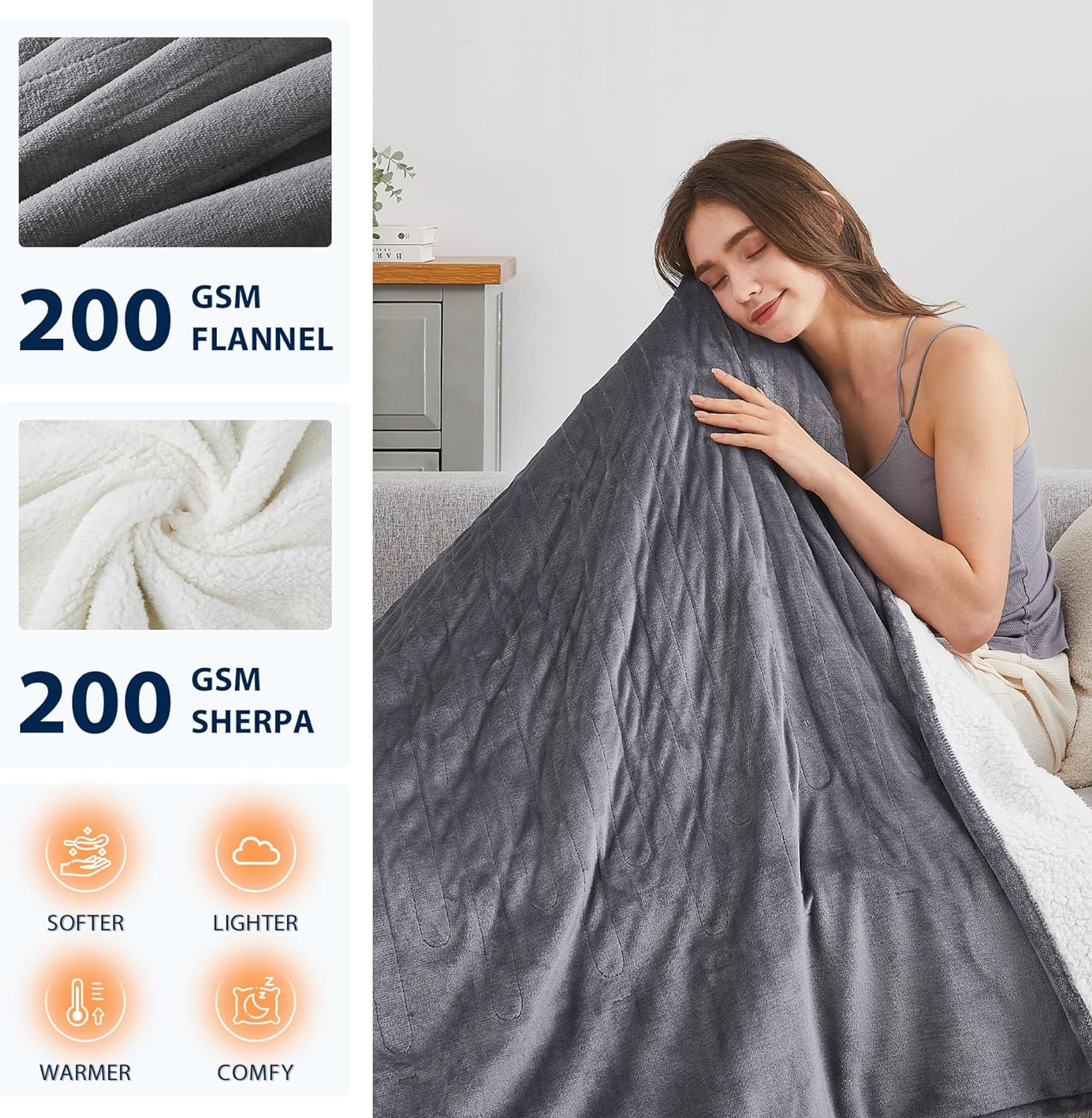Homemate Heated Blanket Electric Throw - 50"x60" Heating Blanket Throw 1/2/4/6/8 Hours Auto-off 10 Heat Level Heat Blanket Over-heat Protection Flannel Sherpa Heater Blanket Electric ETL Certification