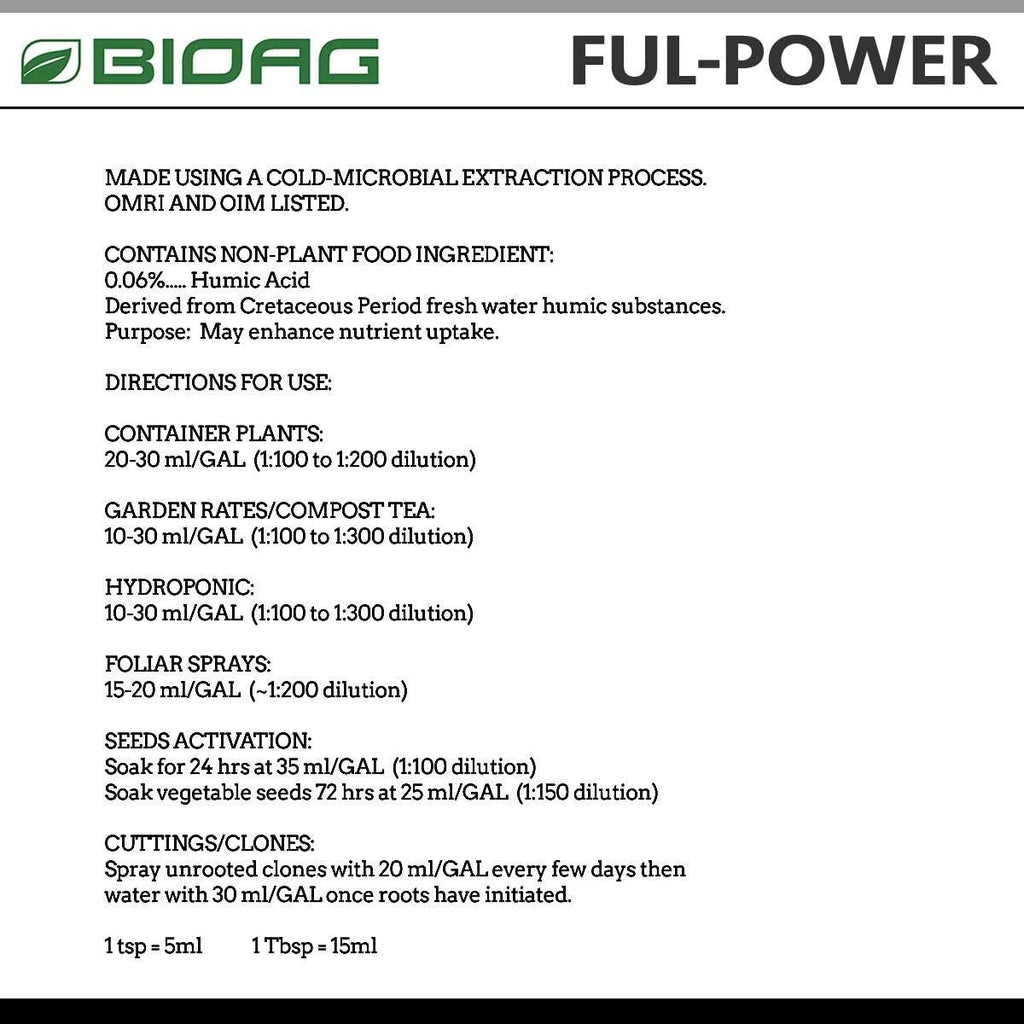 BIOAG Ful-Power Liquid Organic Humic Acid Amendment - Ful-Power Increases Yield in Hydroponics, Soil, Soilless Media - Plant Nutrient (2.5 gal)