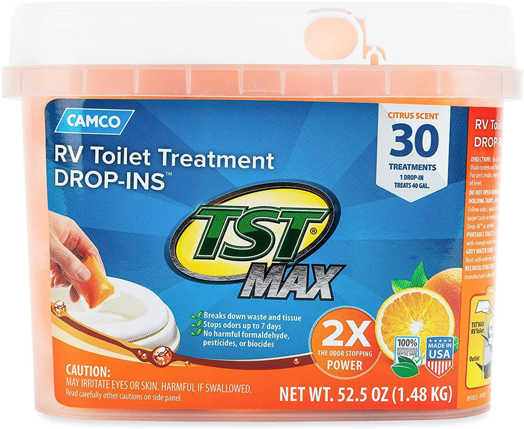 Camco TST MAX RV Toilet Treatment Drop-INs | Control Unwanted Odors and Break Down Waste | Septic Tank Safe | Orange Scent | (41183)
