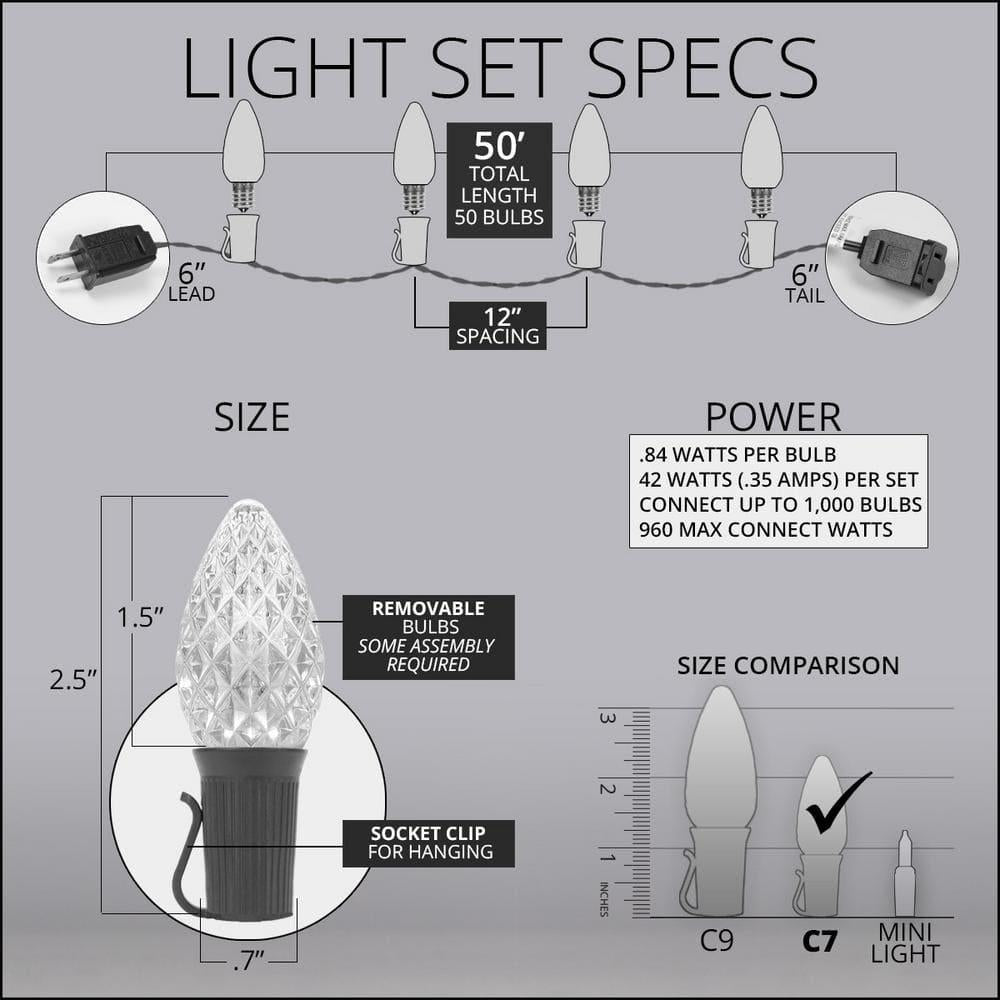 OptiCore 49 ft. 50-Light LED Red and Green Faceted C7 String Light Set