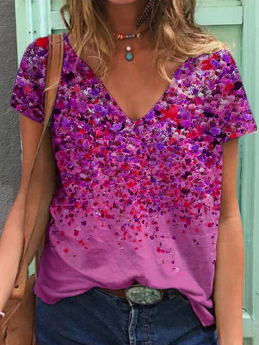 Ladies V-neck Printed Cotton Short-sleeved T-shirt