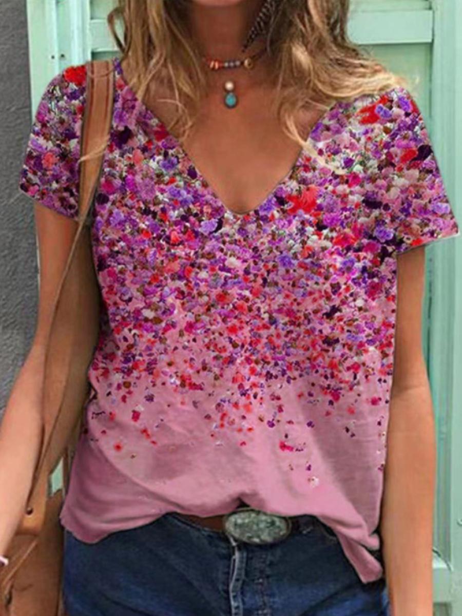 Ladies V-neck Printed Cotton Short-sleeved T-shirt