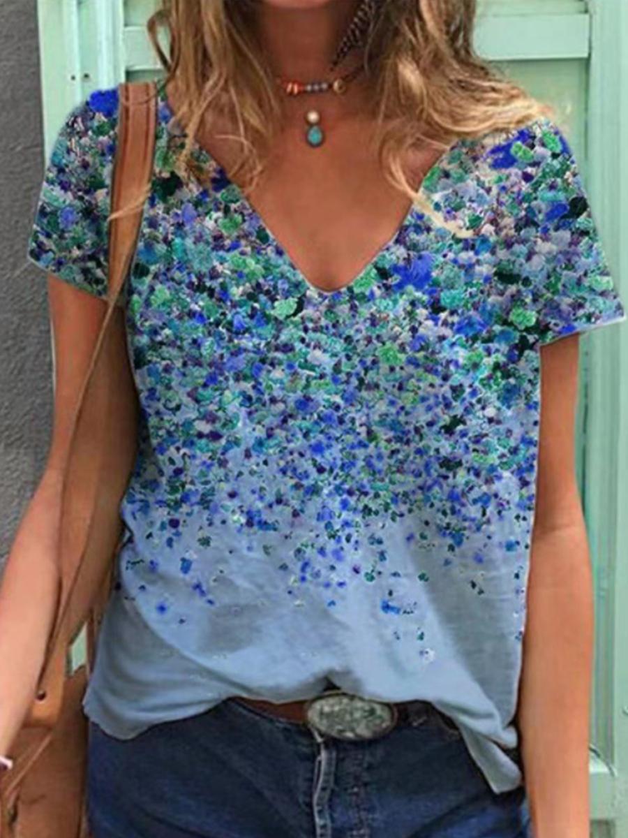 Ladies V-neck Printed Cotton Short-sleeved T-shirt