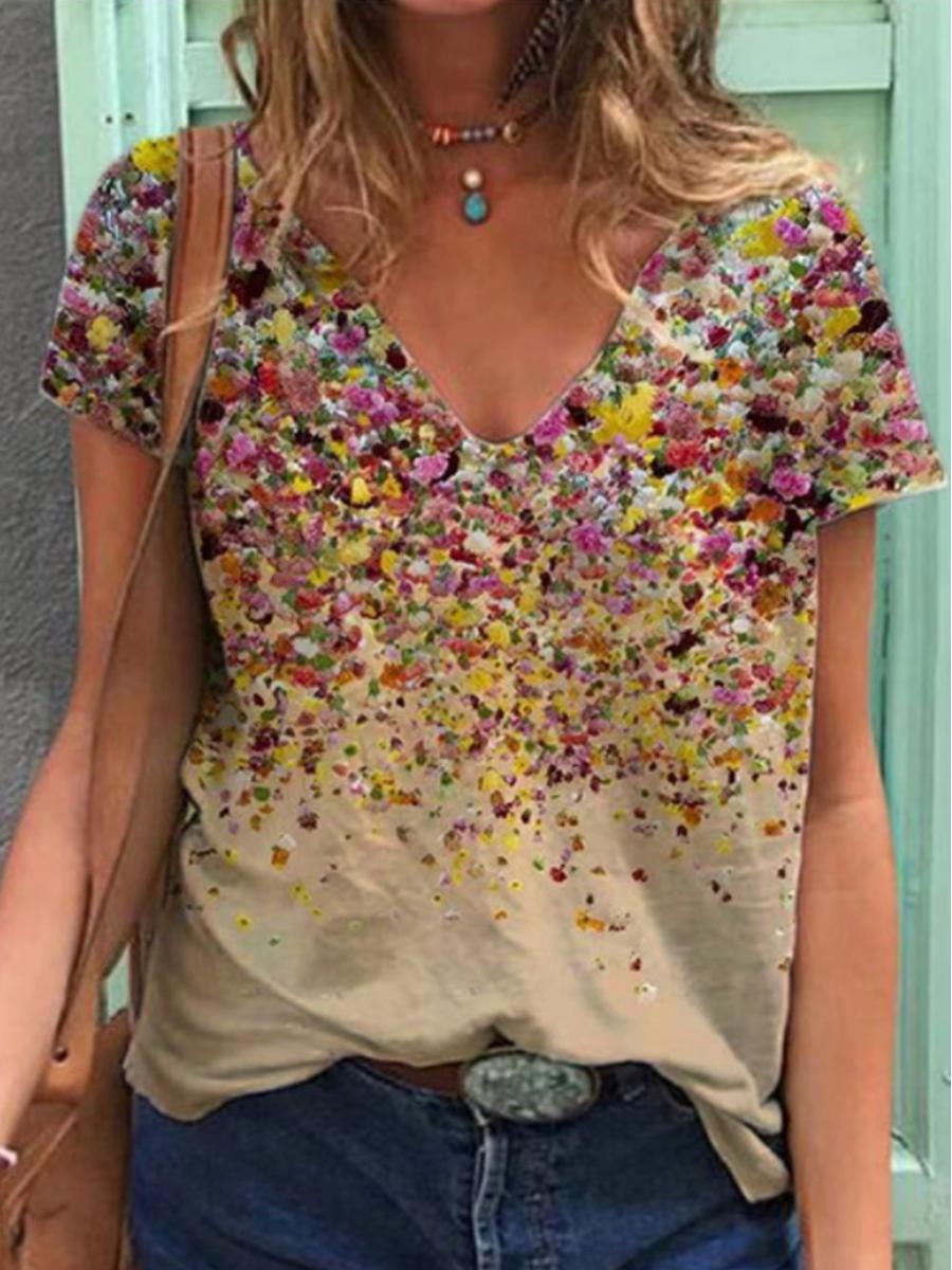 Ladies V-neck Printed Cotton Short-sleeved T-shirt