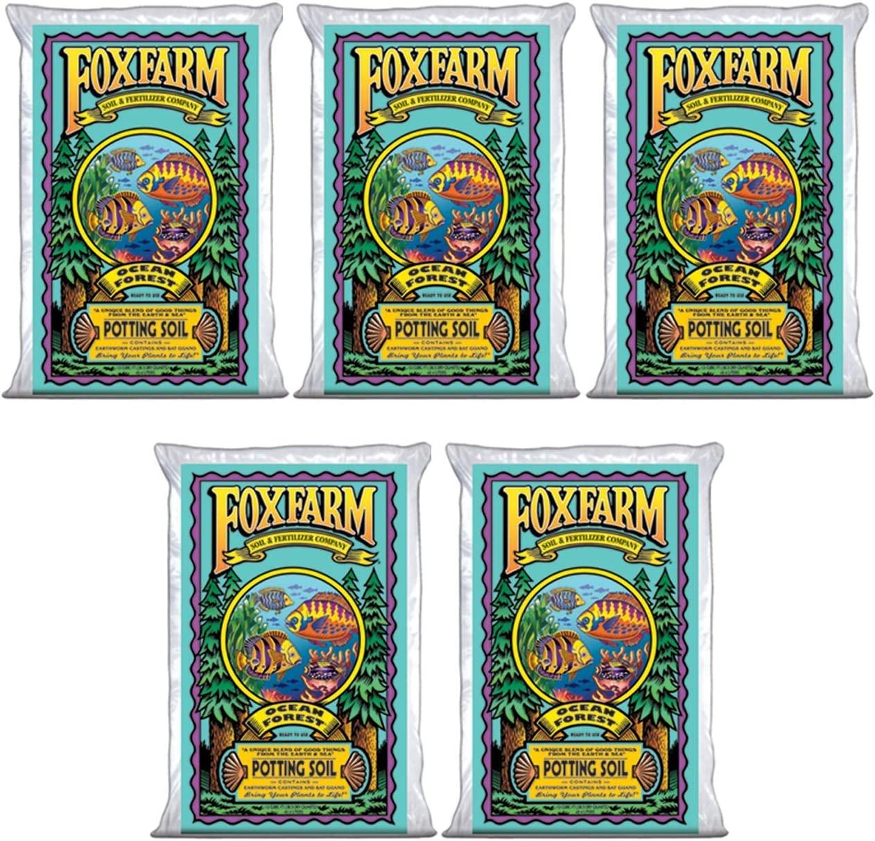 Foxfarm FX14000 Ocean Forest Indoor/Outdoor Garden Potting Soil Bags 6.3-6.8 pH, 1.5 Cubic Feet, 40 pounds for Plants (5 Pack)