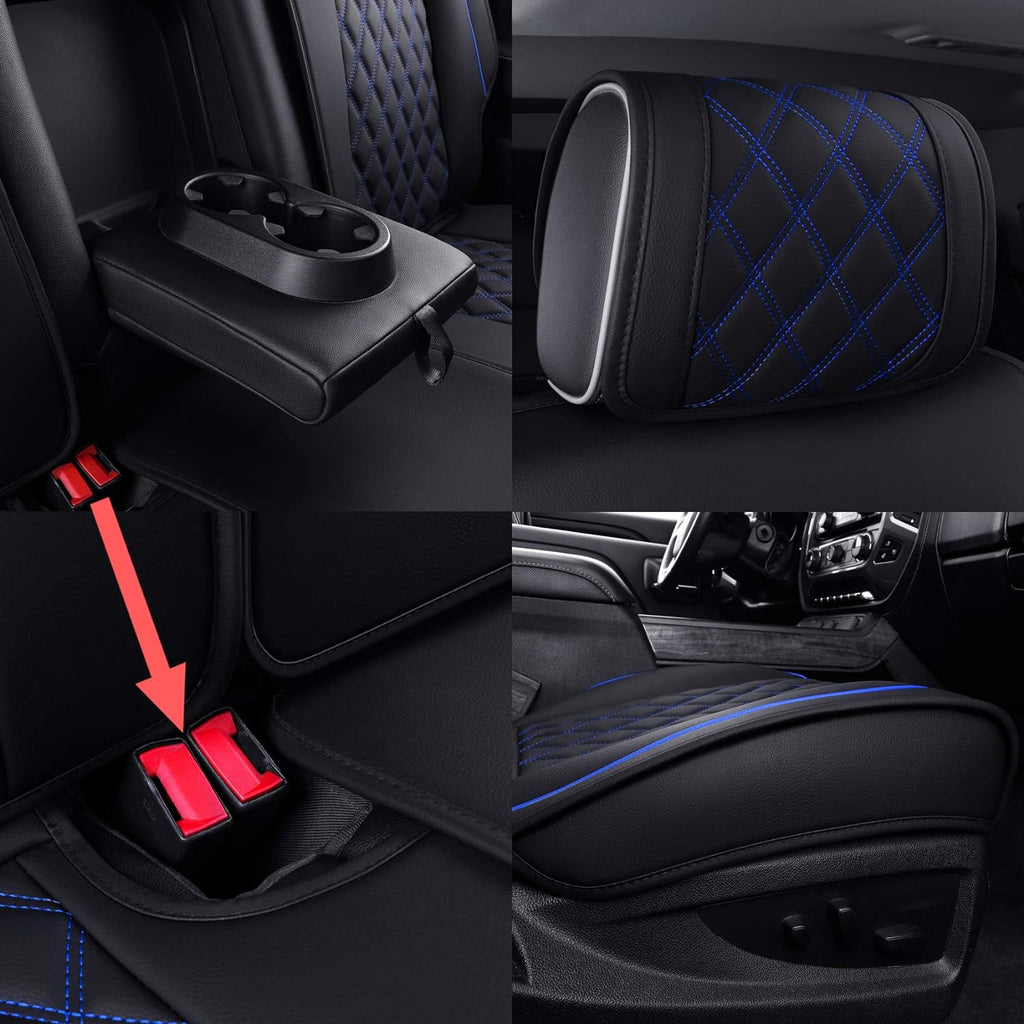 Aierxuan Seat Covers for 2007-2024 GMC Sierra Chevy Chevrolet Silverado 1500 2500HD 3500HD Trail Boss Z71 Crew Double Extended Cab Waterproof Leather Truck Pickup Cuchion(Full Set, Black-Blue)