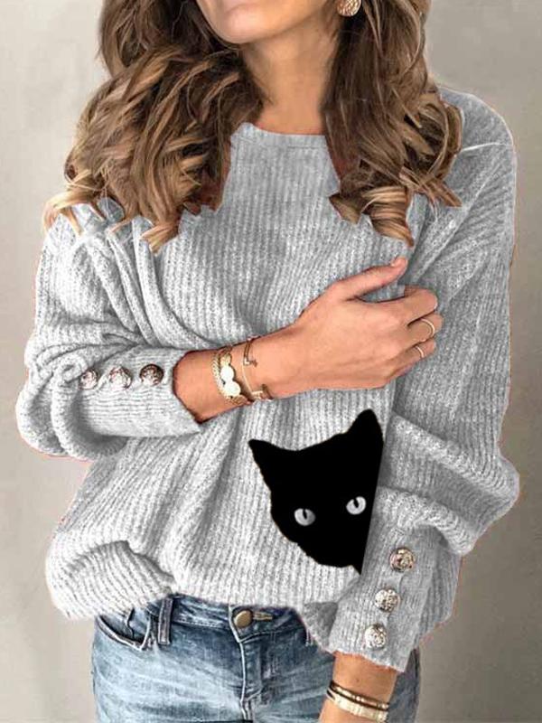 Button Cat Print Casual Crew Neck Sweater