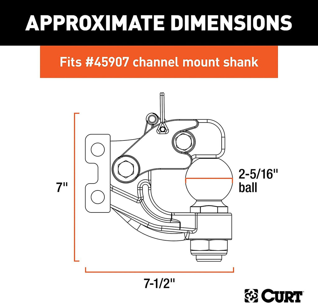 CURT 45920 Channel Mount Pintle Attachment with 2-5/16-Inch Ball, 13,000 lbs, Shank Required , Black