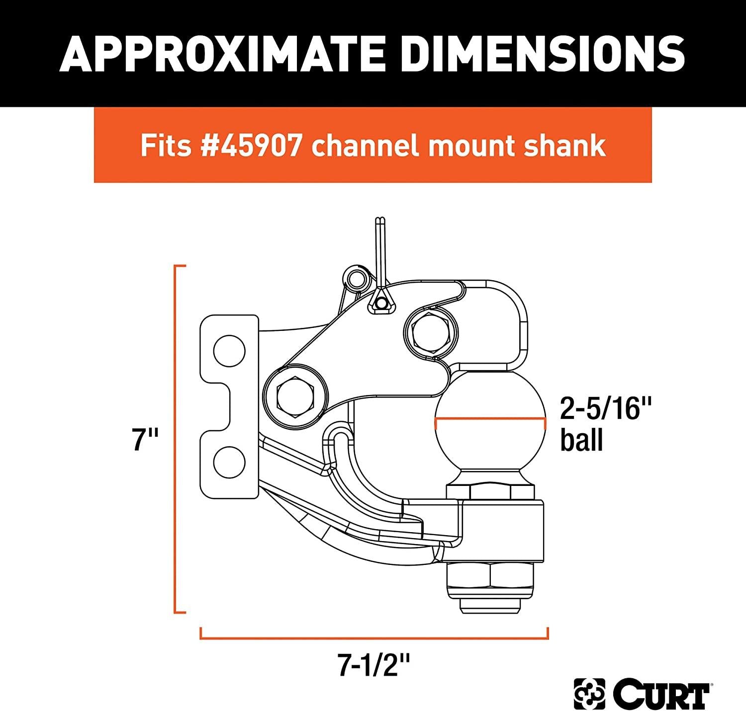 CURT 45920 Channel Mount Pintle Attachment with 2-5/16-Inch Ball, 13,000 lbs, Shank Required , Black