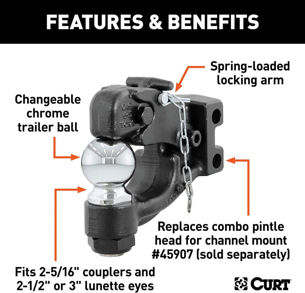 CURT 45920 Channel Mount Pintle Attachment with 2-5/16-Inch Ball, 13,000 lbs, Shank Required , Black