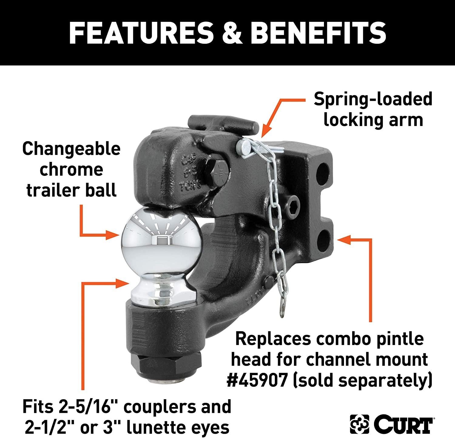 CURT 45920 Channel Mount Pintle Attachment with 2-5/16-Inch Ball, 13,000 lbs, Shank Required , Black