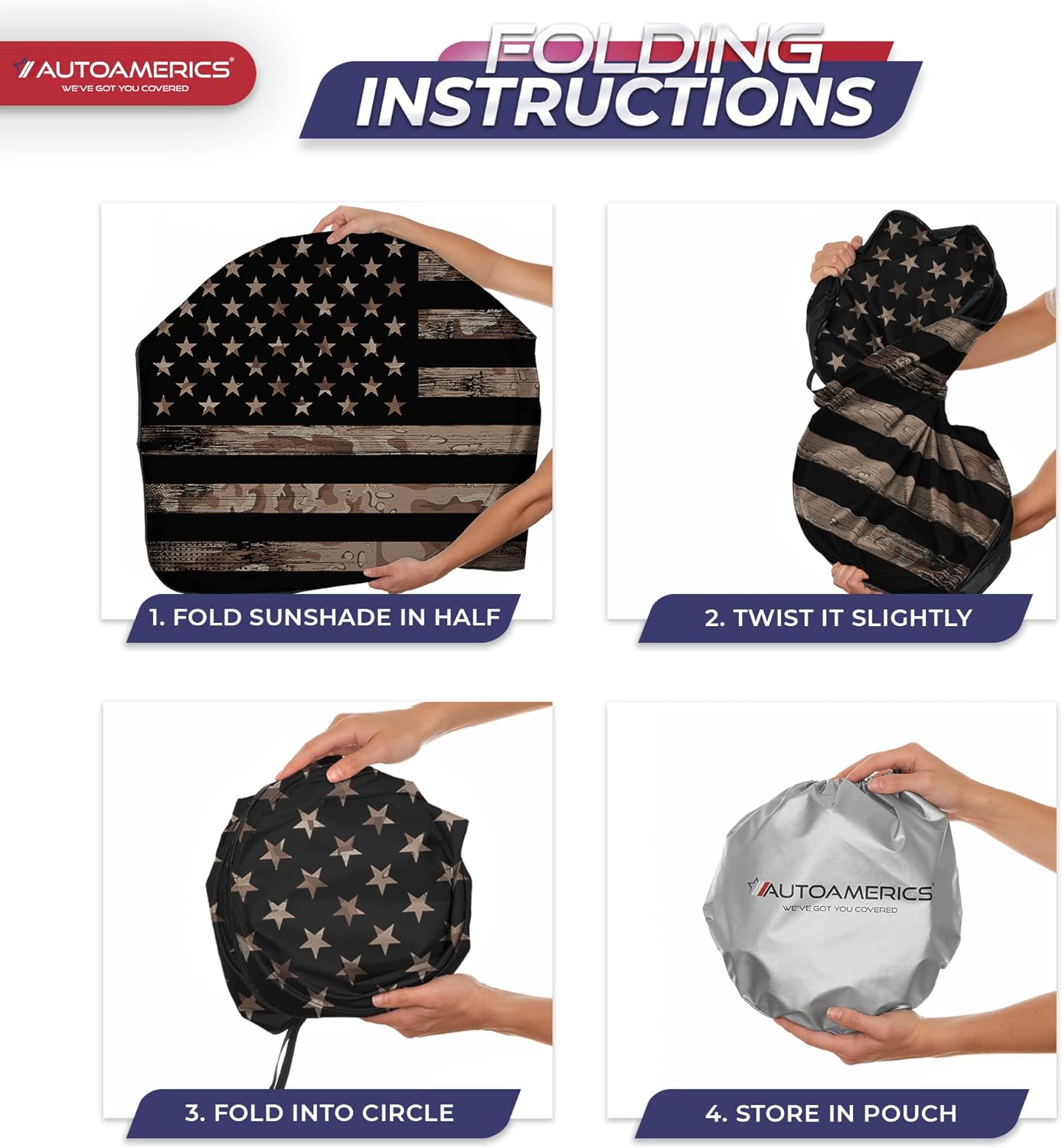 Autoamerics 1-Piece Windshield Sun Shade Brown Camo American Flag USA  - Foldable Car Front Window Sunshade for Most Sedans SUV Truck - Blocks Max UV Rays and Keeps Your Vehicle Cool - X-Large