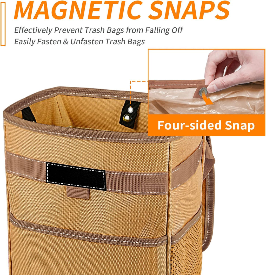 HOTOR Car Trash Can with Lid, Brown Car Trash Bag Hanging with Storage Pockets, Leak-Proof Car Garbage Can with Adjustable Straps, Magnetic Snaps, Waterproof Car Garbage Bin for Interior Car