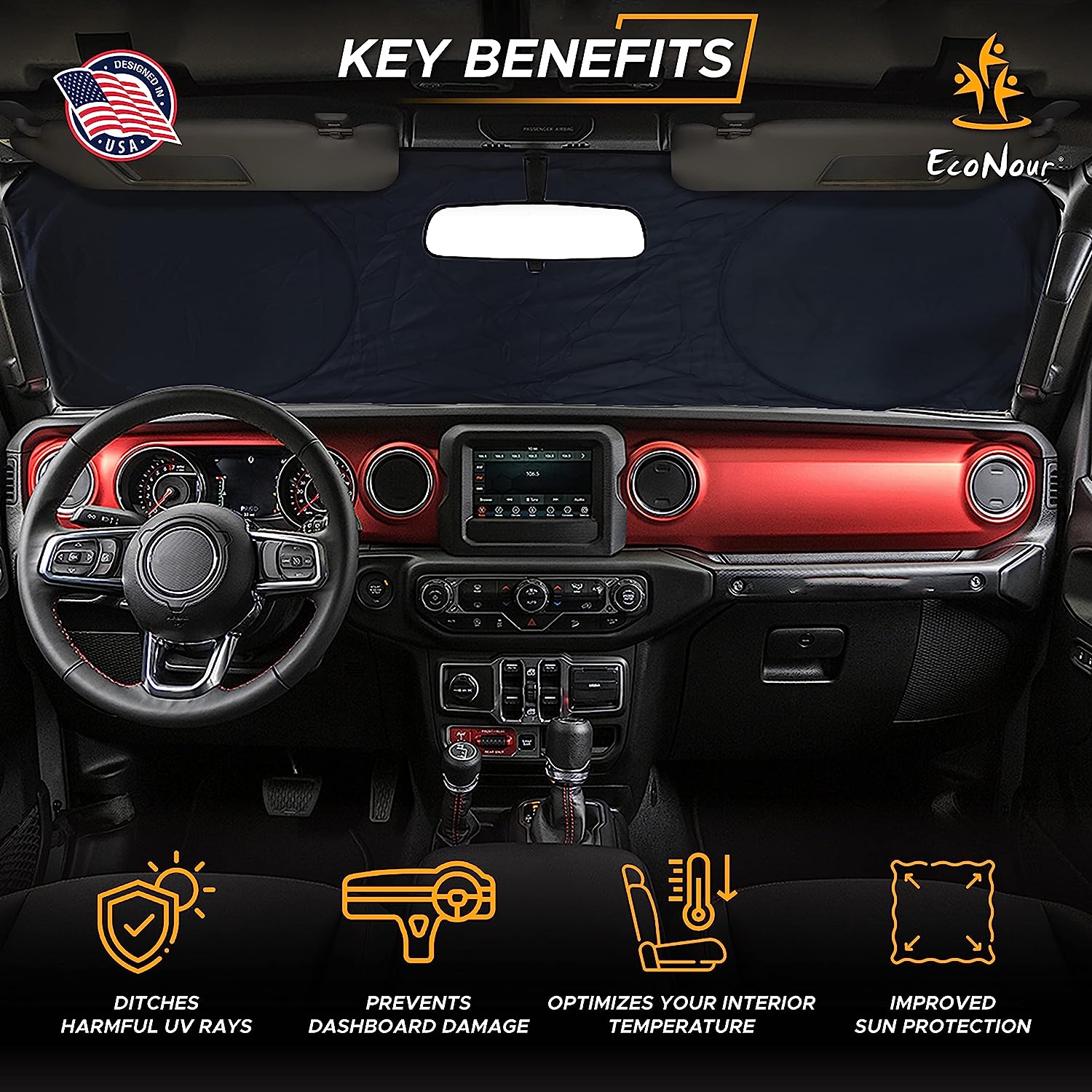 EcoNour Windshield Sunshade for Jeep Wrangler | Sun Visor for UV Rays &amp; Heat Protection | Suitable for Wrangler, Compass, Gladiator &amp; Renegade | Accessories for Jeep Wrangler