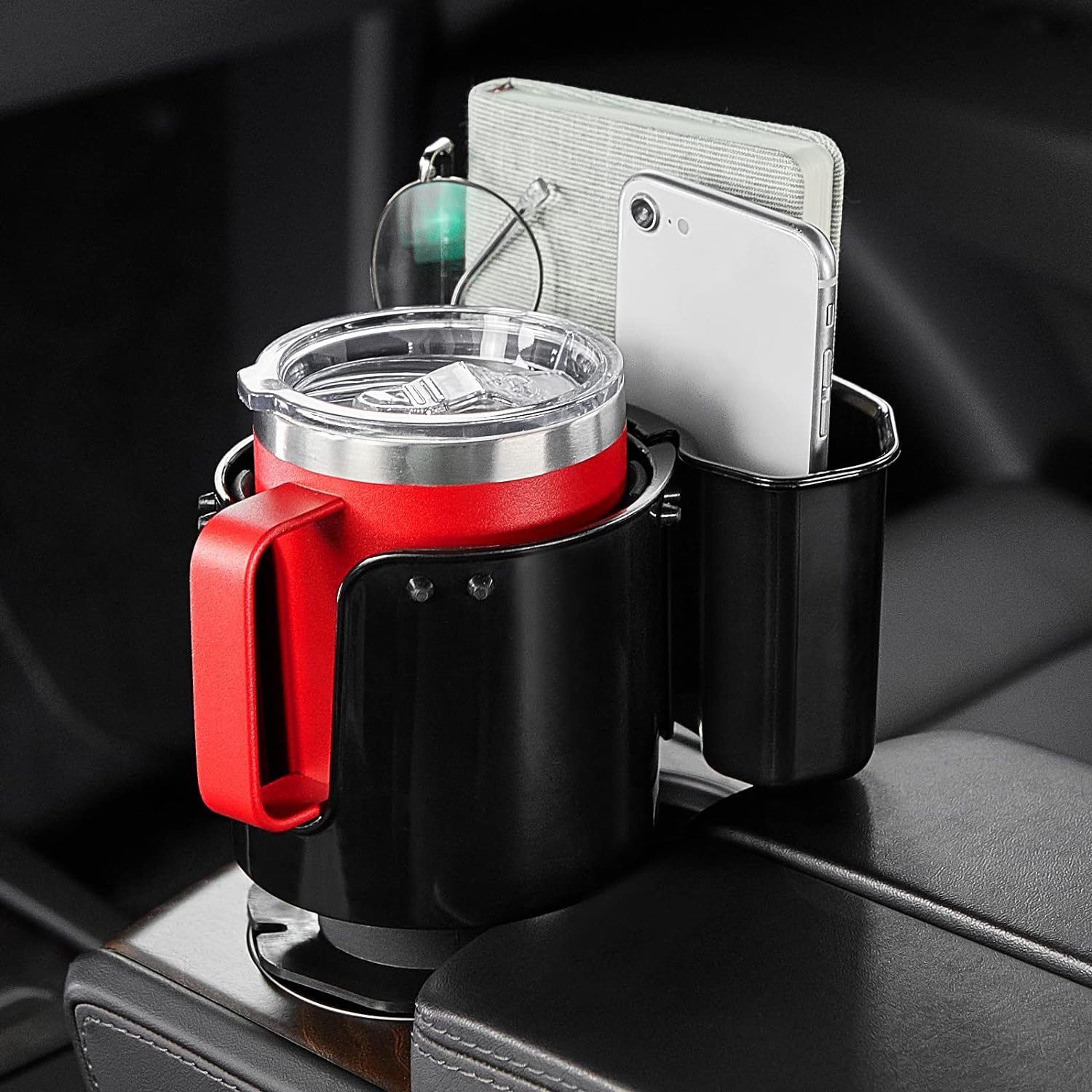 JoyTutus Cup Holder with Storage Box 2 Pack, Cup Holder Expander for Car, Large Car Cup Holder Adapt Most Regular Cup Holder 18-40oz, fit in 2.75-3.25inch Car Holder, with Attached Organizer