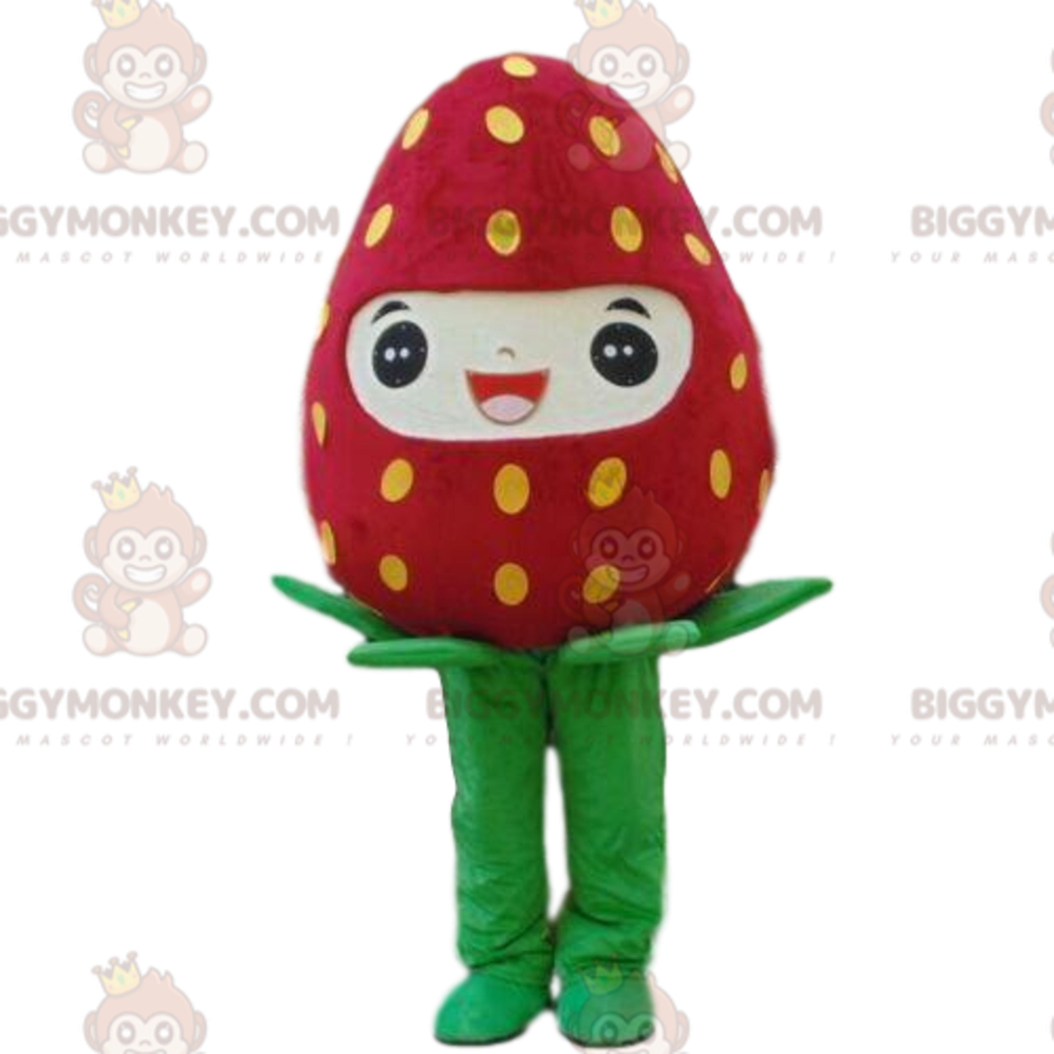 Giant Smiling Strawberry BIGGYMONKEYMascot Costume, Red Fruit Costume