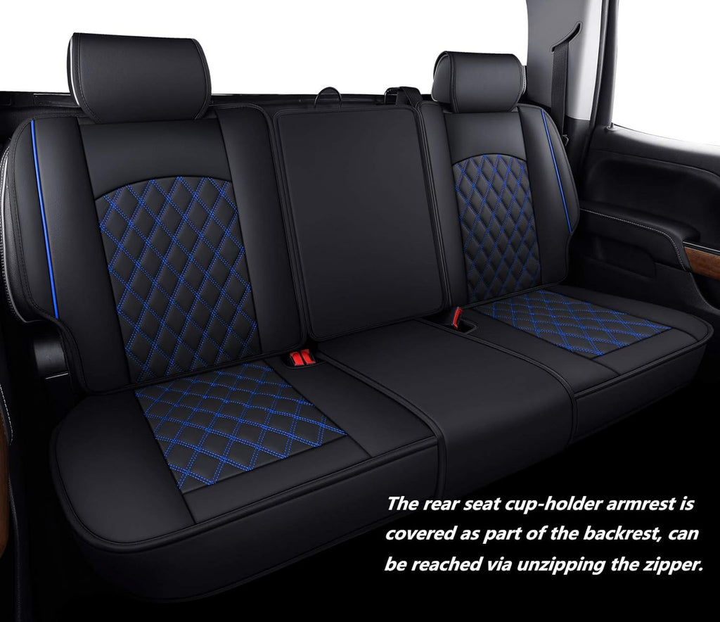 Aierxuan Seat Covers for 2007-2024 GMC Sierra Chevy Chevrolet Silverado 1500 2500HD 3500HD Trail Boss Z71 Crew Double Extended Cab Waterproof Leather Truck Pickup Cuchion(Full Set, Black-Blue)