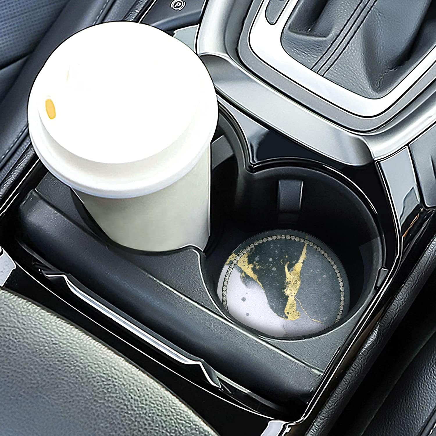 2.75" Bling Car Cup Coaster, Car Cup Holder Insert Coasters Silicone Anti-Slip Crystal Rhinestone Drink Car Cup Mat, Universal Vehicle Interior Accessories for Women Girls (2PCS Black Marble)