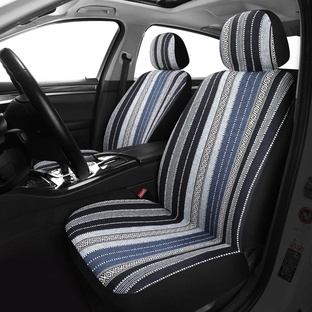 Pariitadin Baja Saddle Blanket Car Seat Covers Full Set with Seat Belt Pads, Washable Breathable Striped Woven Cloth Seat Covers for Cars Interior, Universal Fit Most Cars, Airbag Compatible, Blue