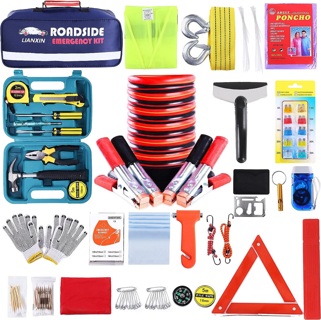 LIANXIN Roadside Assistance Emergency Kit - Car Emergency Kit with Jumper Cables (Upgraded) Emergency Roadside Kit for Car 142 Pieces Car Safety Kits,Tow Strap,Tool Kit,Reflective Warning Triangle