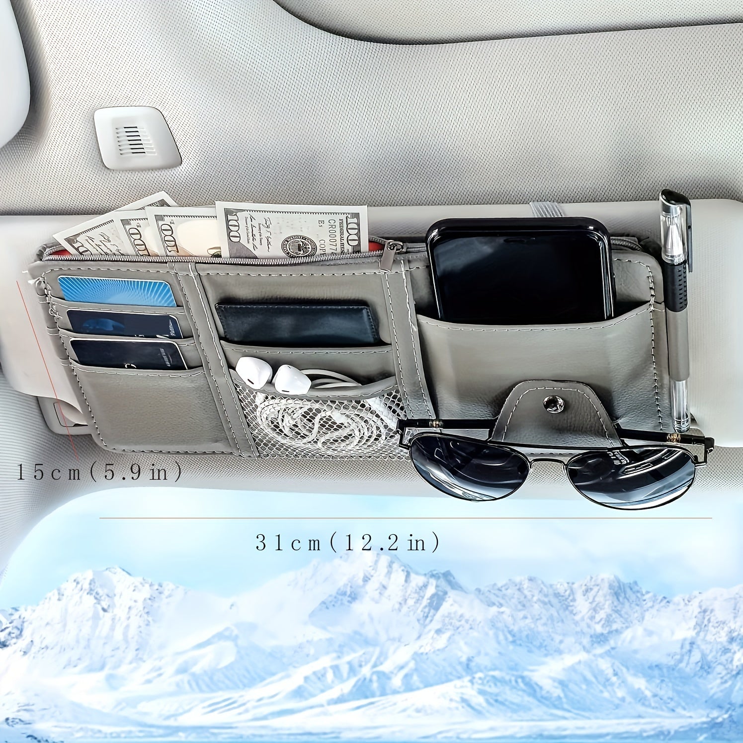 Car Sun Visor Organizer, Car Glasses Clip StoraPocket Sunglasses Holder With Zipper Pocket For Car, Truck, SUV Auto Interior Accessories