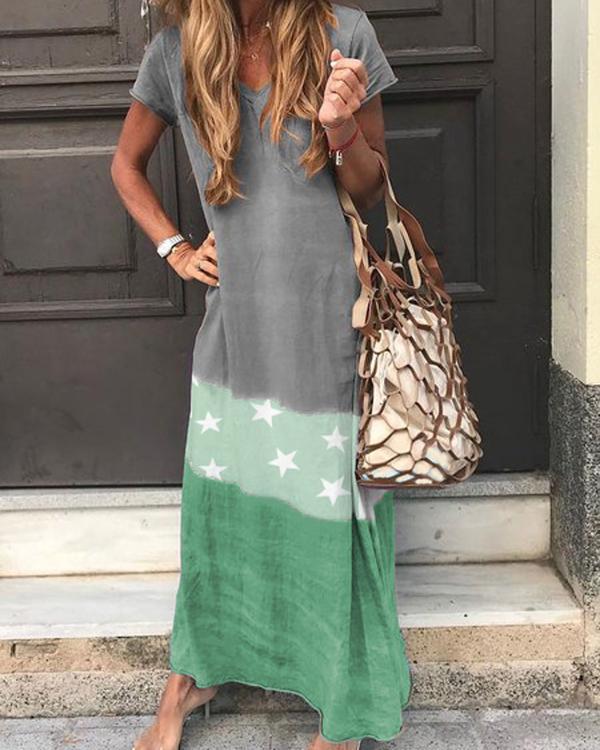 short sleeve v neck star printed maxi dresses