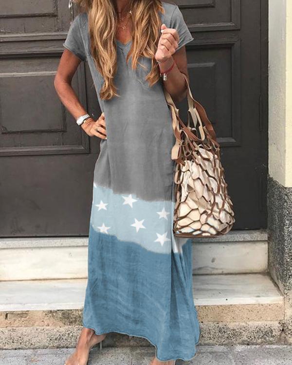 short sleeve v neck star printed maxi dresses