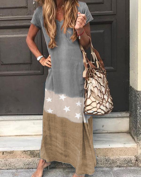 short sleeve v neck star printed maxi dresses