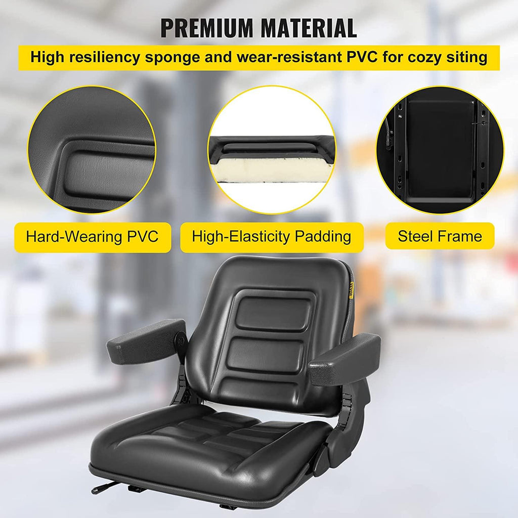 Universal Forklift Seat Black PVC Tractor Seat, 6"/150MM Adjustable Mower Seat Foldable Seat Including Armrests&Seat Switch, 18.5" x 20" x 18" Skid Steer Seat Fit Forklift, Tractor, Skid Loader