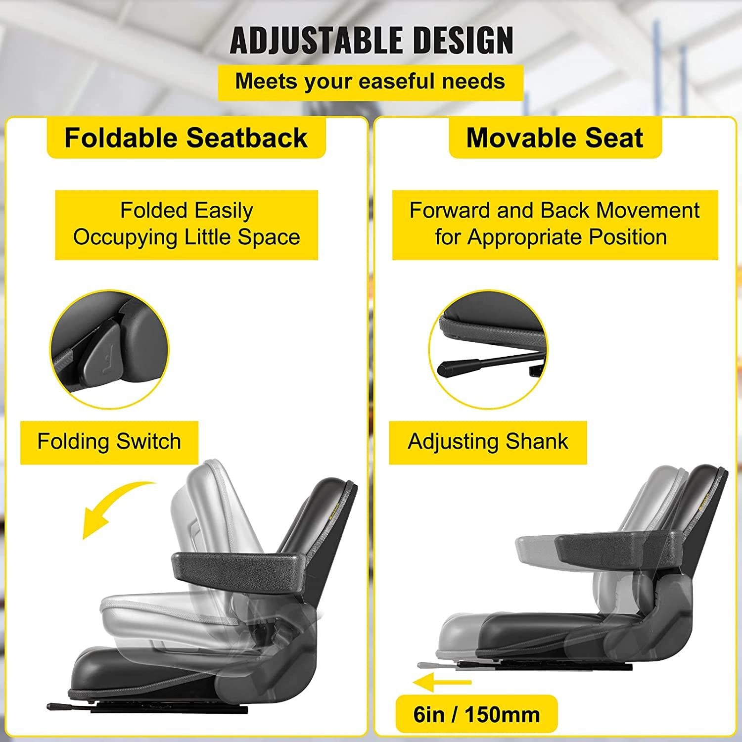 Universal Forklift Seat Black PVC Tractor Seat, 6"/150MM Adjustable Mower Seat Foldable Seat Including Armrests&Seat Switch, 18.5" x 20" x 18" Skid Steer Seat Fit Forklift, Tractor, Skid Loader